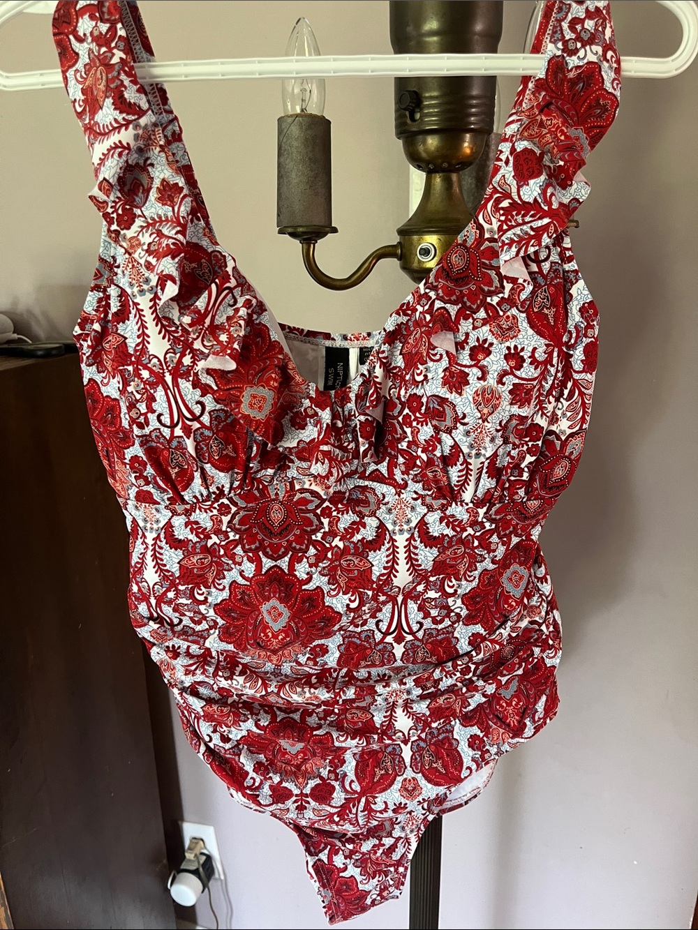 Nip Tuck Swimsuit Red Floral Ruffled Shoulder Women’s One-piece